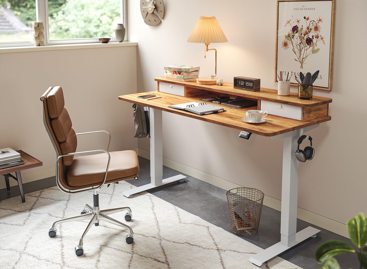 48 X 24 Inch Height Adjustable Electric Standing Desk with Double Drawer, Stand up Desk with Storage Shelf, Sit Stand Desk, Light Wood-1