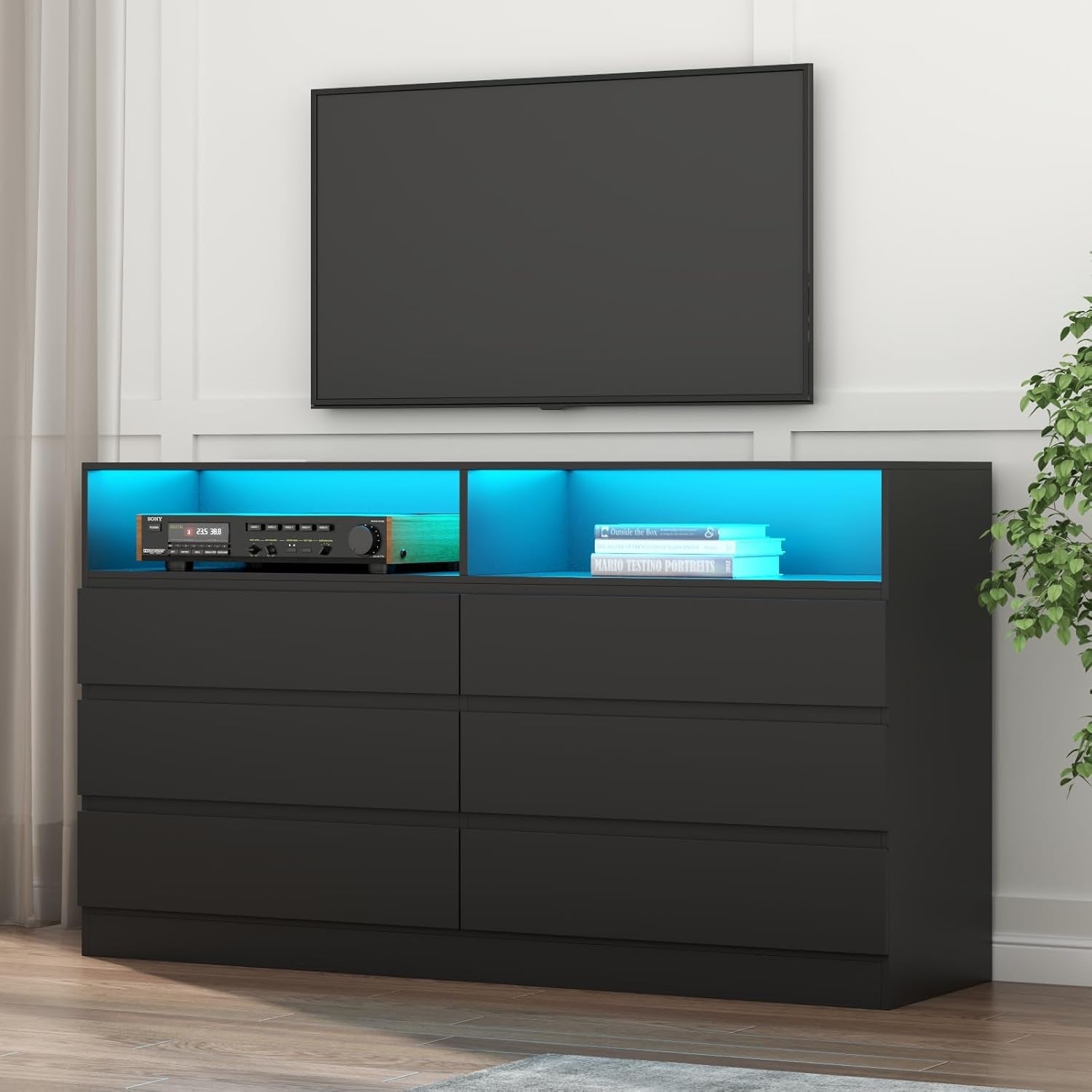 White 6-Drawer Dresser, LED, Power Outlet, Modern-0