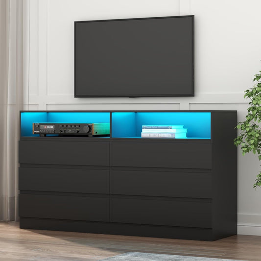 White 6-Drawer Dresser, LED, Power Outlet, Modern-0