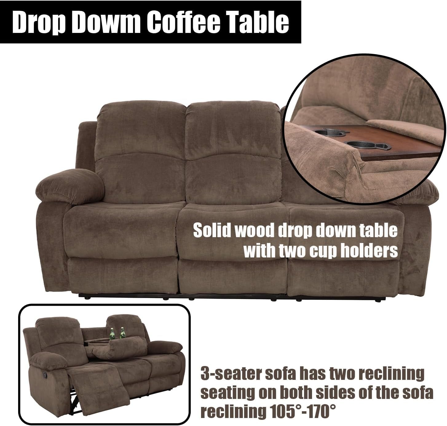 Recliner Sofa Set for Living Room Furniture Set, Reclining Sofa and Loveseat Set for Reclinier Sofa with Drop down Table/Double Recliner Loveseat with Storage Console/Brown Velvet-2