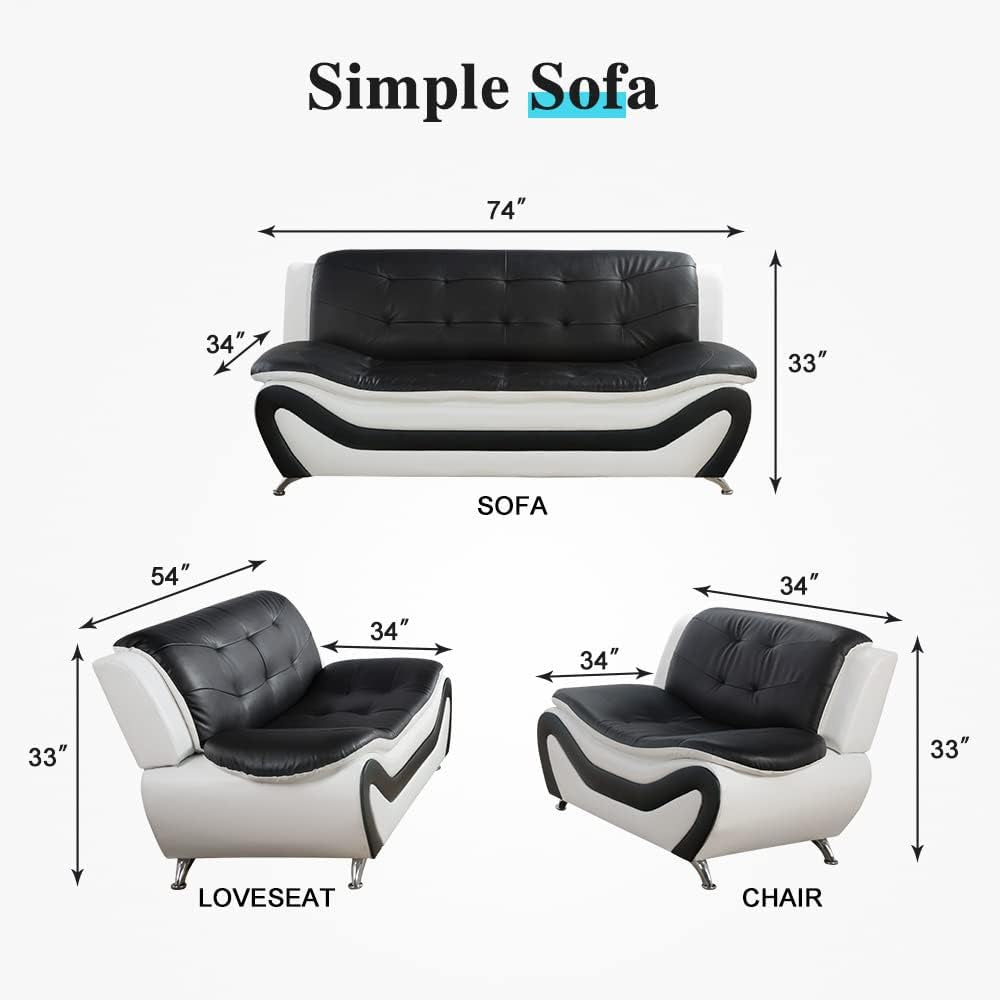 Living Room Furniture Set, Faux Leather Sofa Couch Set, 3 Pieces Modern Sofa Set for Living Room/Apartment/Office (Black&White)-4