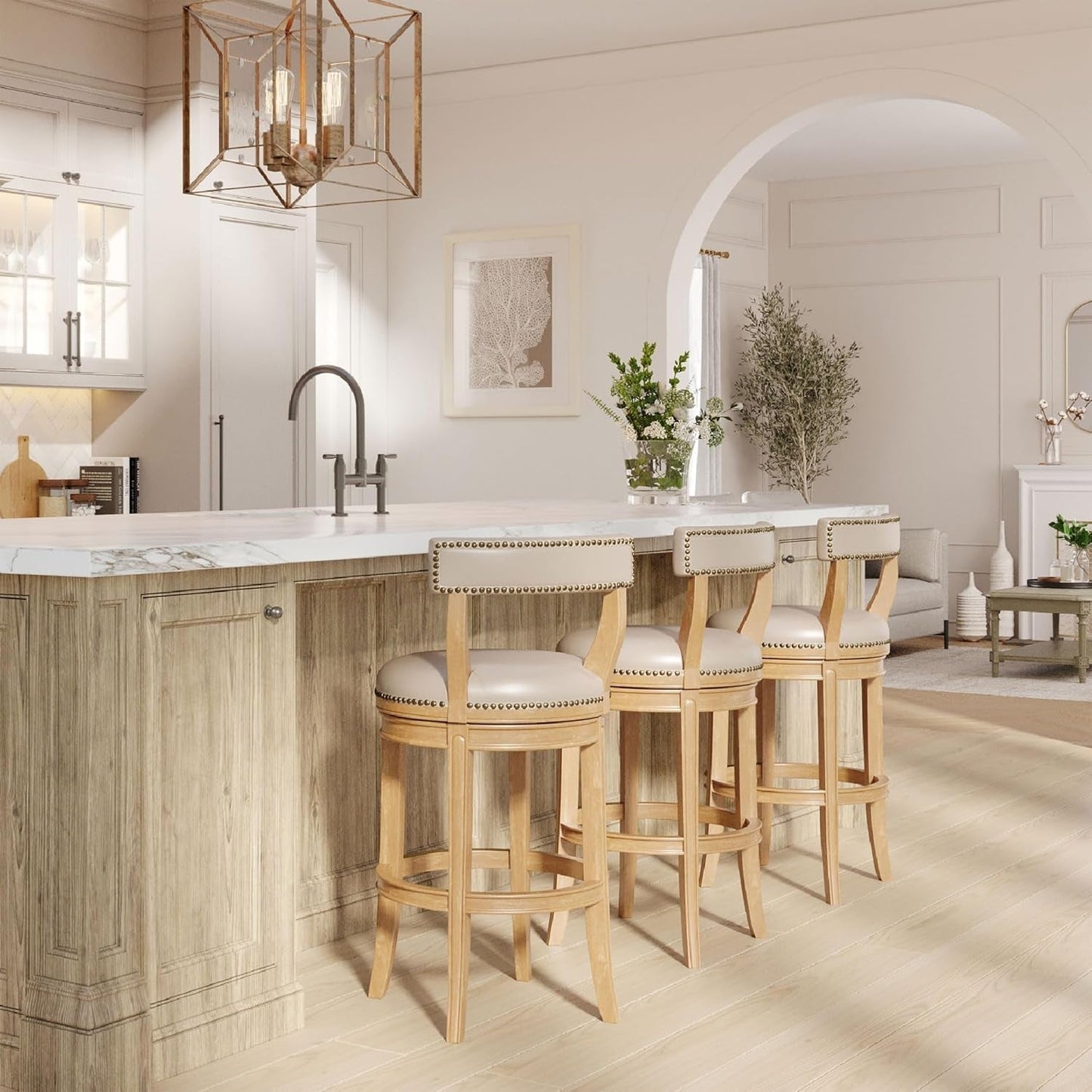 Alexander 31 Inch Tall Bar Height Rotating Low Back Barstool in Weathered Oak Finish with Avanti Bone Vegan Leather Seat, Set of 2-1