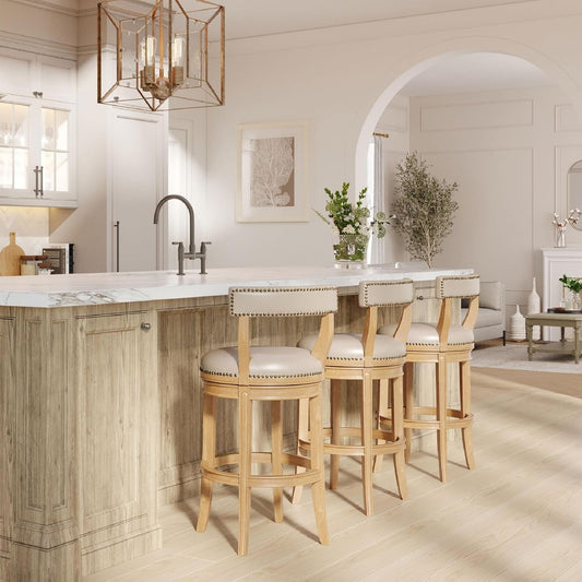 Alexander 31 Inch Tall Bar Height Rotating Low Back Barstool in Weathered Oak Finish with Avanti Bone Vegan Leather Seat, Set of 2-1