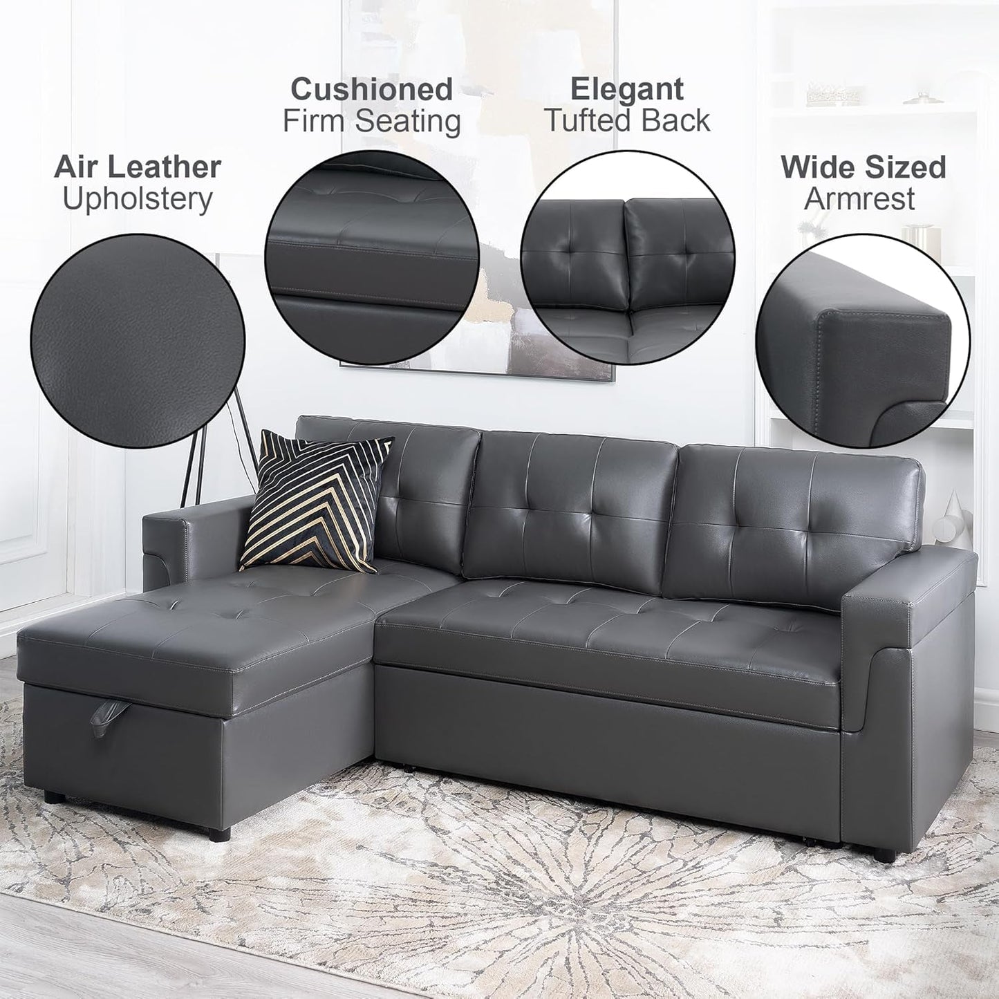 Transform Any Space: Sleeper Sectional Sofa with Convertible Sofa Bed & Inviting Chaise. Find Tranquil Comfort with Stress-Relieving Design & Durable Cushions - Dark Gray/Air Leather-4