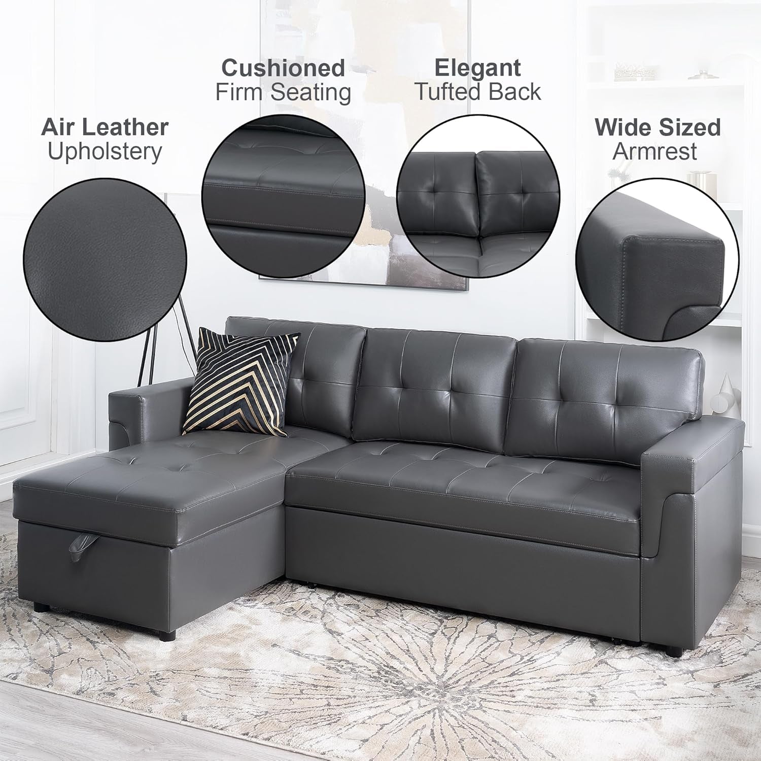 Transform Any Space: Sleeper Sectional Sofa with Convertible Sofa Bed & Inviting Chaise. Find Tranquil Comfort with Stress-Relieving Design & Durable Cushions - Dark Gray/Air Leather-4