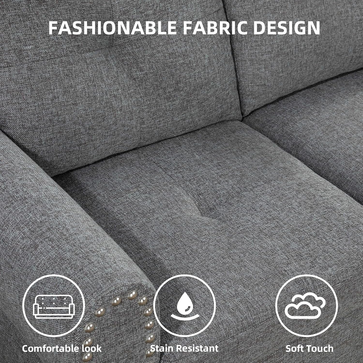 L Shaped Sectional Sofa with Ottoman, Nail-Head Design Linen Right Facing Modern Couches with Cup Holder for Living Room, Bedroom, Office-4