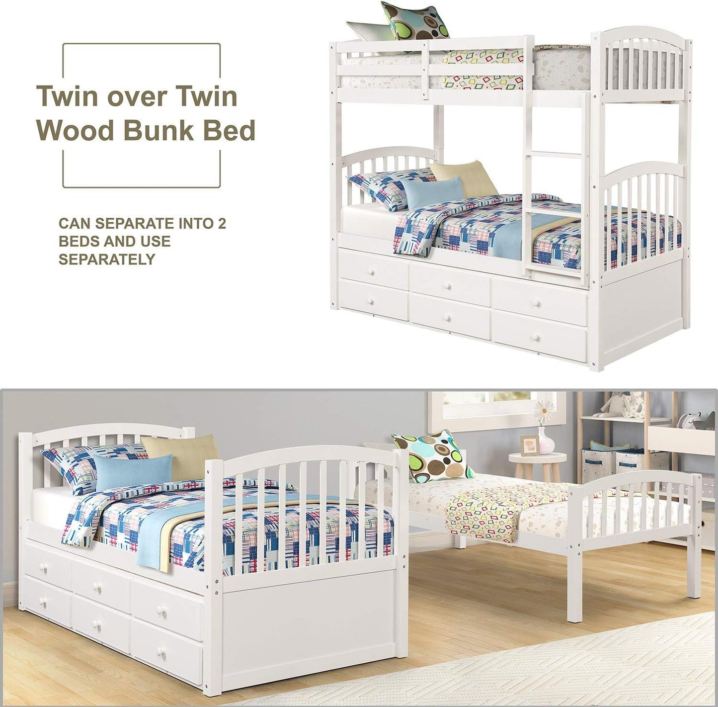 Harper&Bright Designs Twin over Twin Bunk Bed with Twin Trundle, 3 Storage Drawers, Safety Rail, and Removable Ladder, Can Be Separated into 3 Bed, White-4