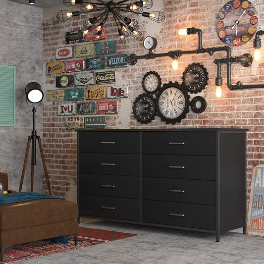 Black Wood 8-Drawer Double Dresser with Steel Frame-0