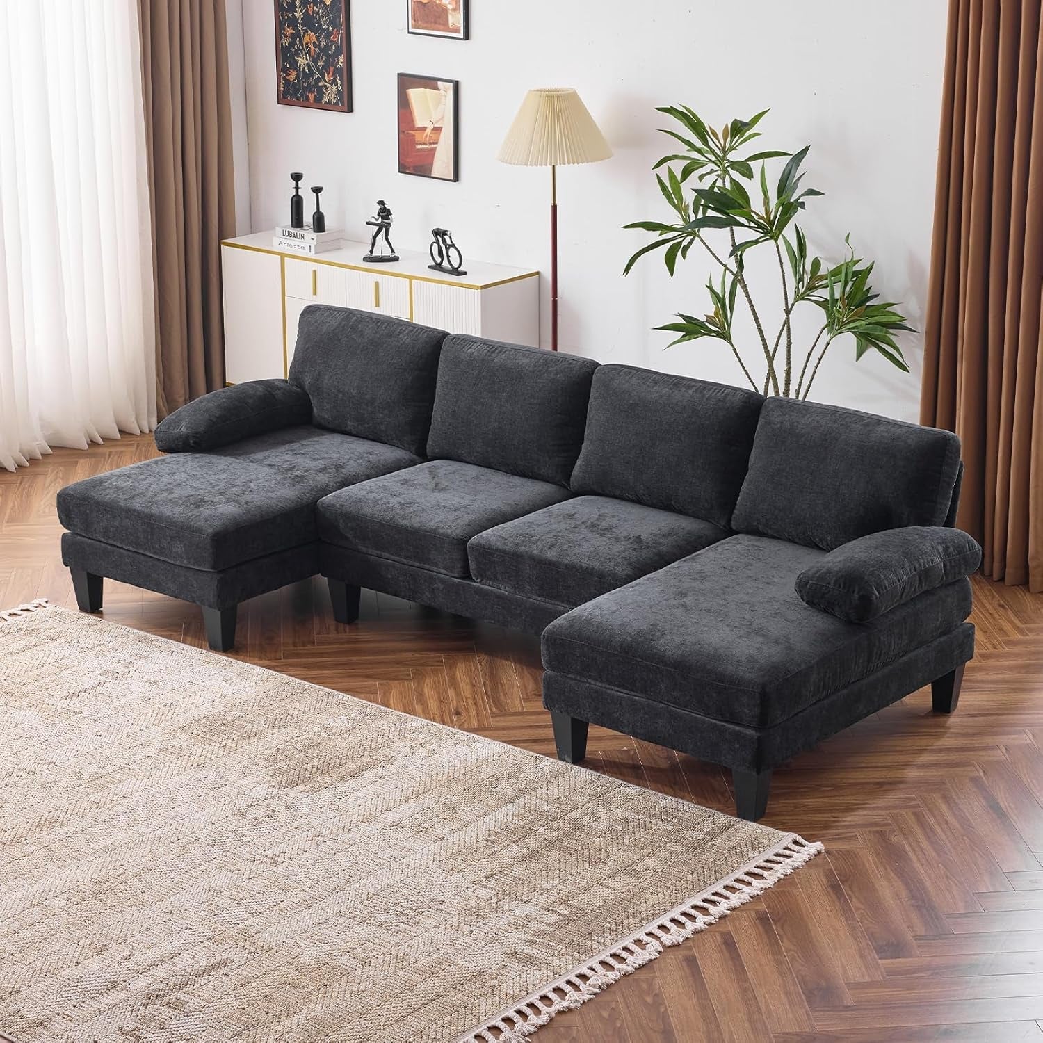 110" Sectional Couches for Living Room,U Shaped Couch with Double Chaise, 4-Seat Sofa Set with Chenille Fabric for Home Furniture,Black-0