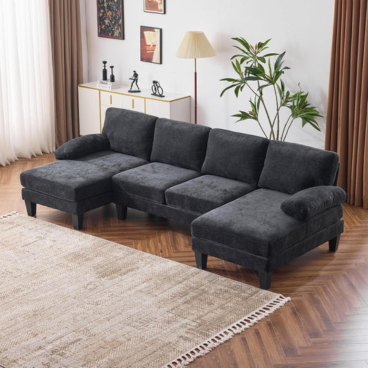 110" Sectional Couches for Living Room,U Shaped Couch with Double Chaise, 4-Seat Sofa Set with Chenille Fabric for Home Furniture,Black-0
