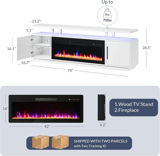 79" TV Stand for Tvs up to 85", LED Light Entertainment Center with 42" Electric Fireplace Heater, Storage Cabinet with USB AC Outlet, Media Console Table for Living Room - Avenue (White)-1