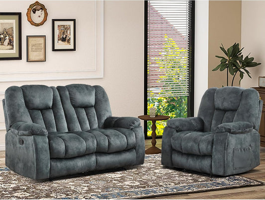 Reclining Living Room Set, Soft Fabric Manual 2 Piece Recliner Sofa Set, Included Recliner Chair with Massage and Heat and Loveseat Daul Recliner, Green Grey(Recliner+Loveseat)-0
