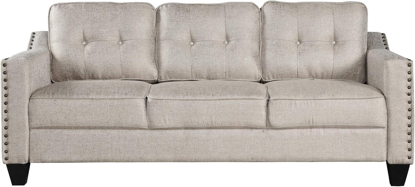 3 Piece Linen Upholstered Living Room Furniture Sets Including Three Seater Sofa & Loveseat & Single Armchair with Button Tufted Cushion Back and Nailhead Trim for Apartment/Bedroom-3