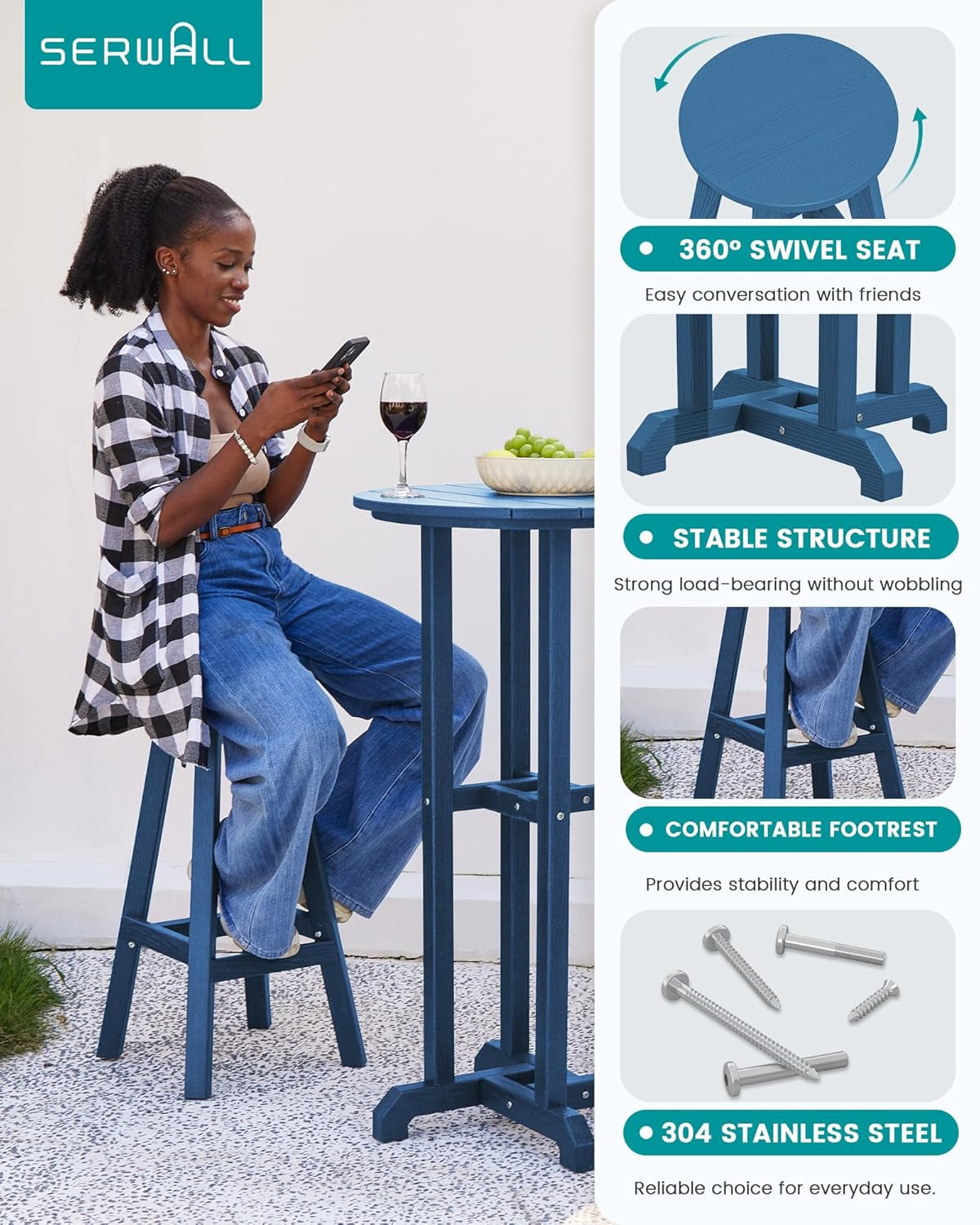 Outdoor Bar Table and Chairs Set, round Bar Table with 2 Swivel Bar Stools, Blue-2