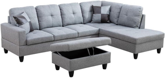 L-Shaped 3-Piece Linen Sofa with Storage Ottoman Set, Sectional Couch Sofa Set for Living Room, Office, Small Space, Grey-0