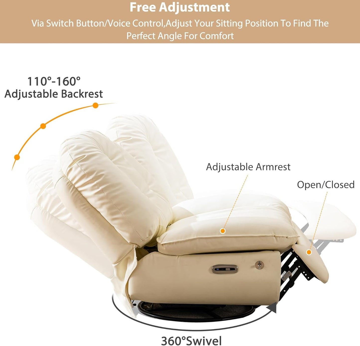 Power Swivel Glider Recliner Chair, Electric Lift Rocker Reclining Chair for Living Room with USB Charger Port, Phone Holder, Bluetooth Speaker, Voice Wake-Up Function, Faux Leather (White)-3