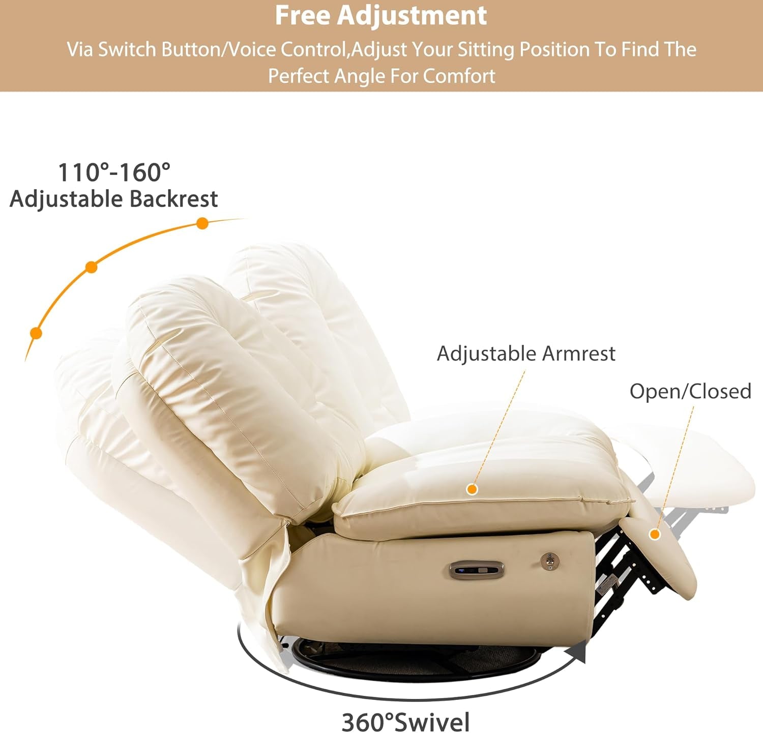 Power Swivel Glider Recliner Chair, Electric Lift Rocker Reclining Chair for Living Room with USB Charger Port, Phone Holder, Bluetooth Speaker, Voice Wake-Up Function, Faux Leather (White)-3