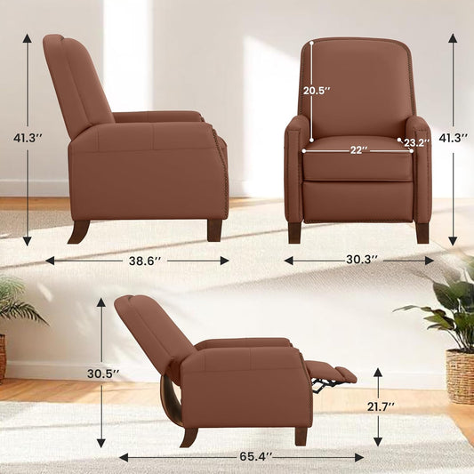 Pushback Chair, Mid-Century Modern Faux Leather Recliner Chair for Bedroom, Adjustable Single Upholstered Sofa with Brass Nailhead Trim, Recliners Armchair for Living Room, Brown-1