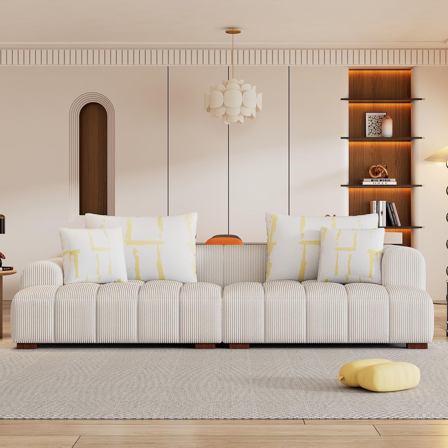 103.9" Living Room Sofa Set, Modern Couch Corduroy Fabric Comfy Sofa with Rubber Wood Legs, 4 Pillows for Living Room/Bedroom/Office, Beige-0