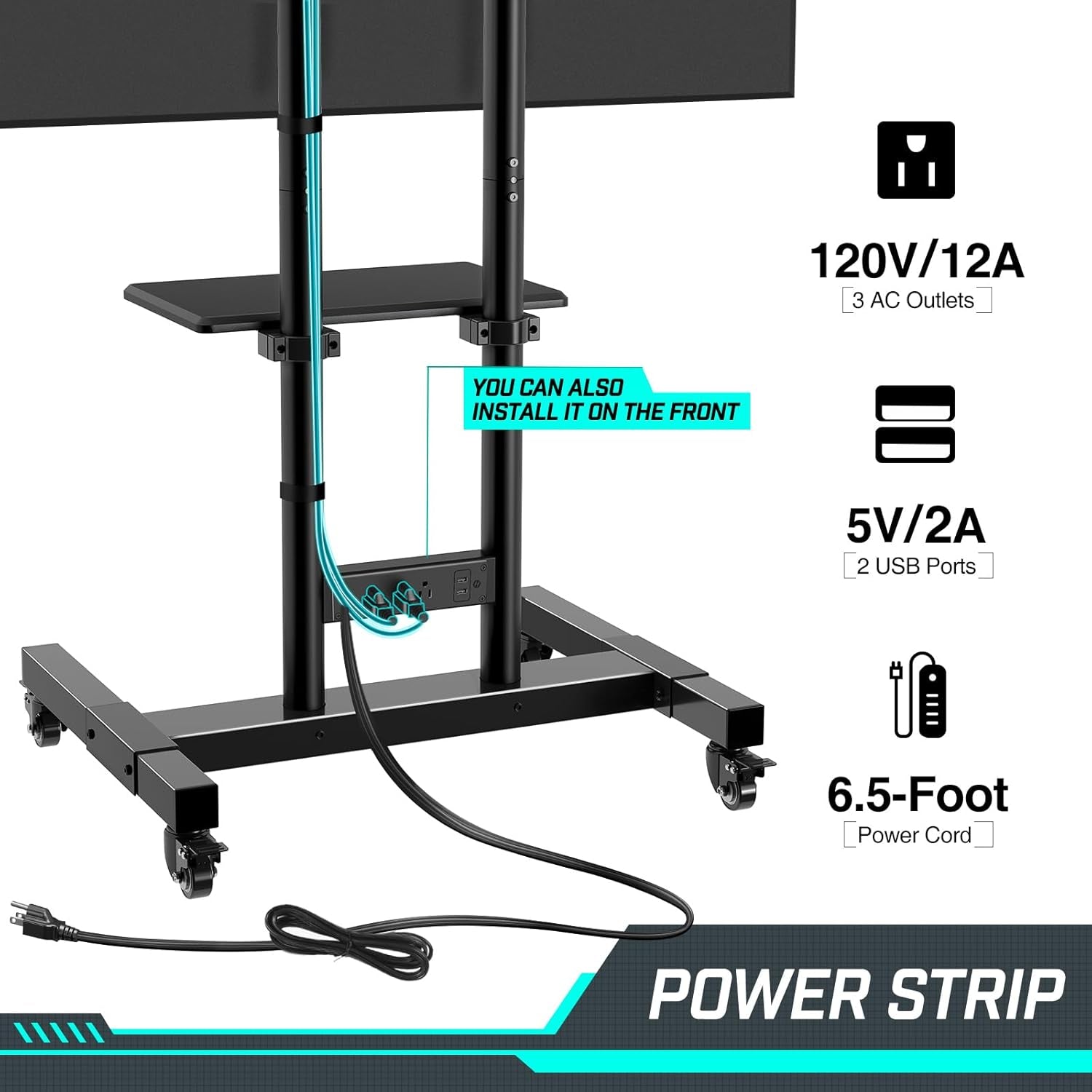 TV Stand with Power Outlet, Mobile TV Cart on Wheels for 32-85 Inch LED LCD Flat Curved Panel Screen Tvs, up to 132Lbs, Height Adjustable Rolling TV Stand with AV Shelf, Max VESA 600X400Mm-1