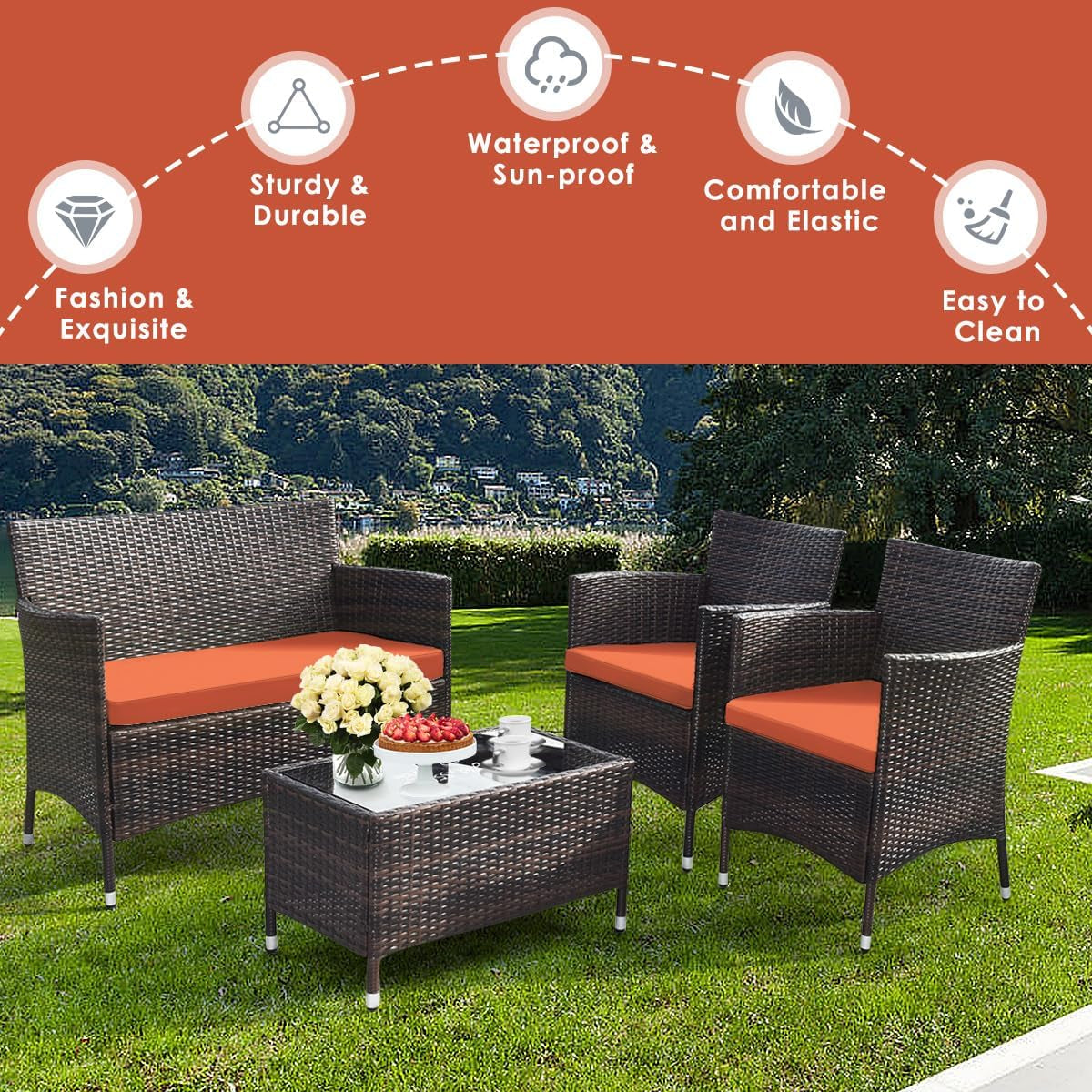 4-Piece Rattan Patio Set, Outdoor/Indoor Wicker Conversation Set for Pool, Backyard, Lawn, Wicker Chairs and Sofa with Soft Cushion, Rattan Furniture with Tempered Glass Coffee Table-3
