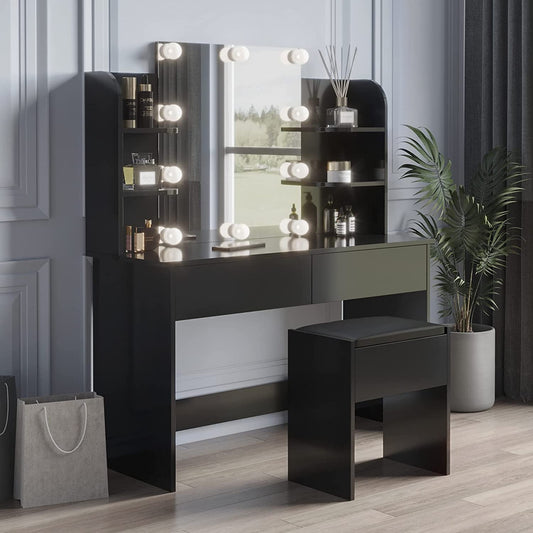 Large Vanity Set with 10 Lights Bulbs, 2 Drawers (Black)-0