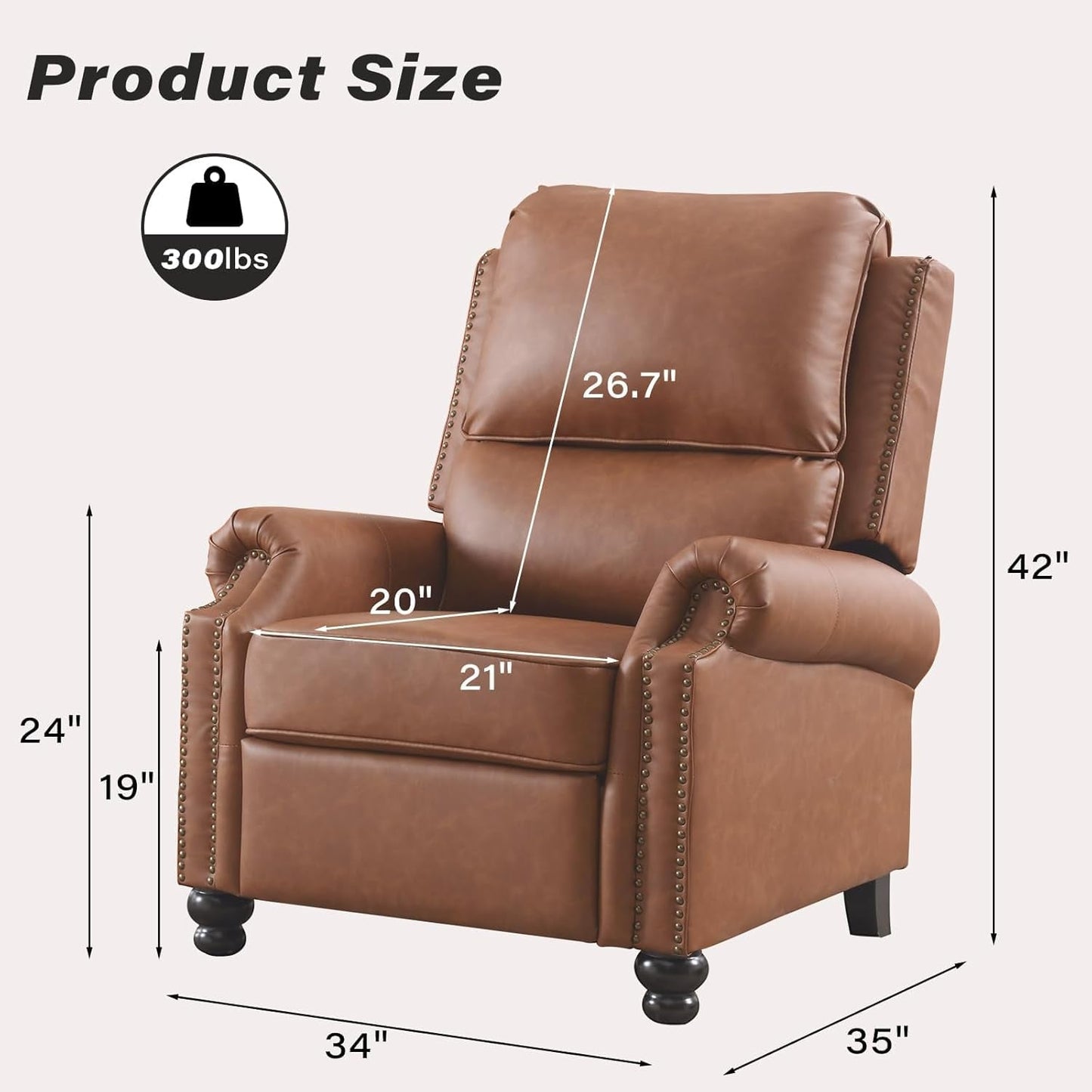 Push Back Recliner Chair, Textured Leather Overstuffed Wingback Recliner, Adjustable Pushback Chair with Padded Seat and Back, Single Reclining Sofa for Living Room, Bedroom(Cognac Brown)-2