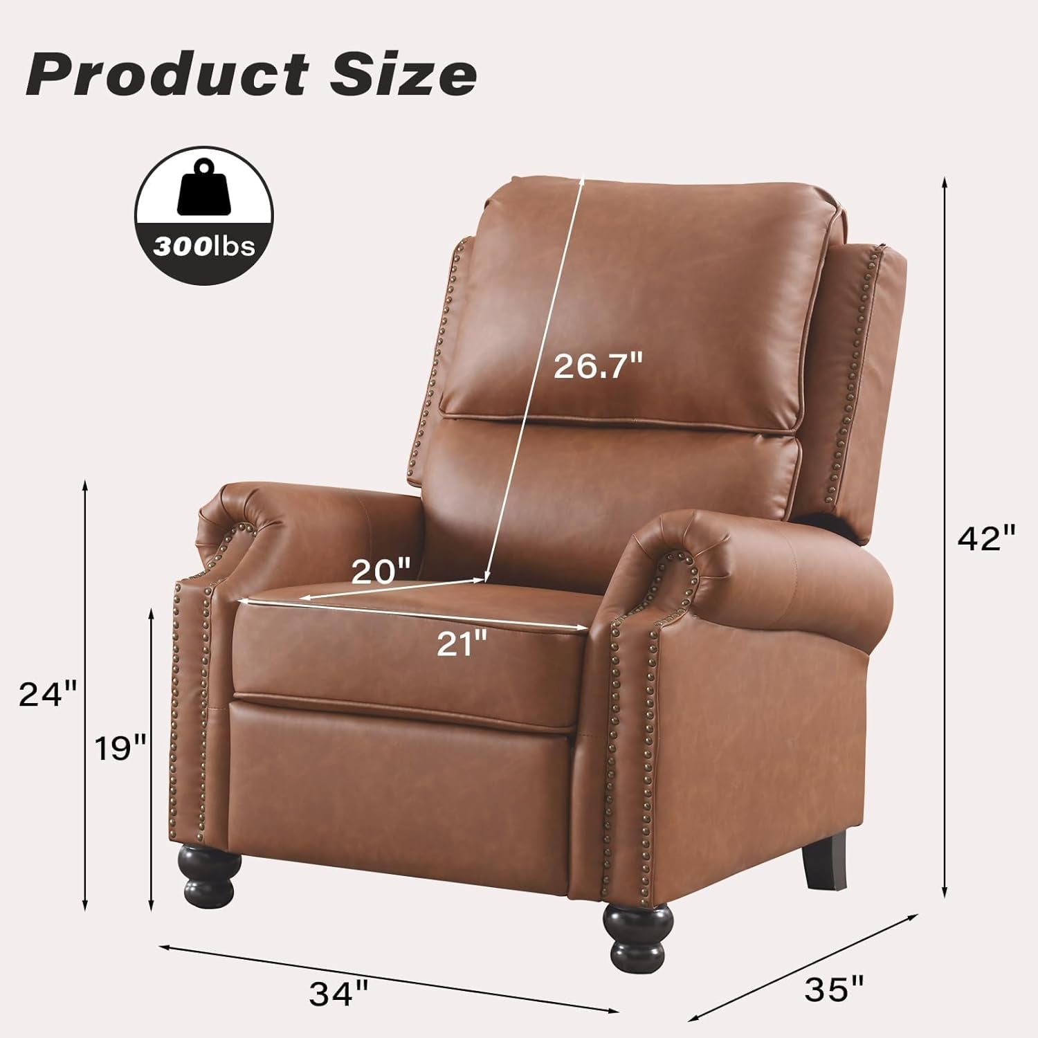 Push Back Recliner Chair, Textured Leather Overstuffed Wingback Recliner, Adjustable Pushback Chair with Padded Seat and Back, Single Reclining Sofa for Living Room, Bedroom(Cognac Brown)-2