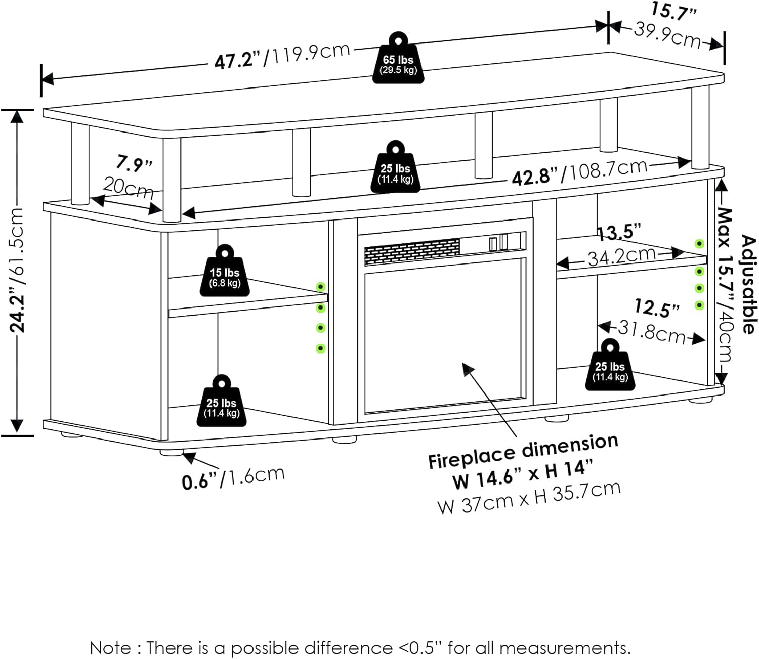 Jensen Open Shelving Storage Fireplace TV Entertainment Center for TV up to 55 Inch, Americano/Black-1