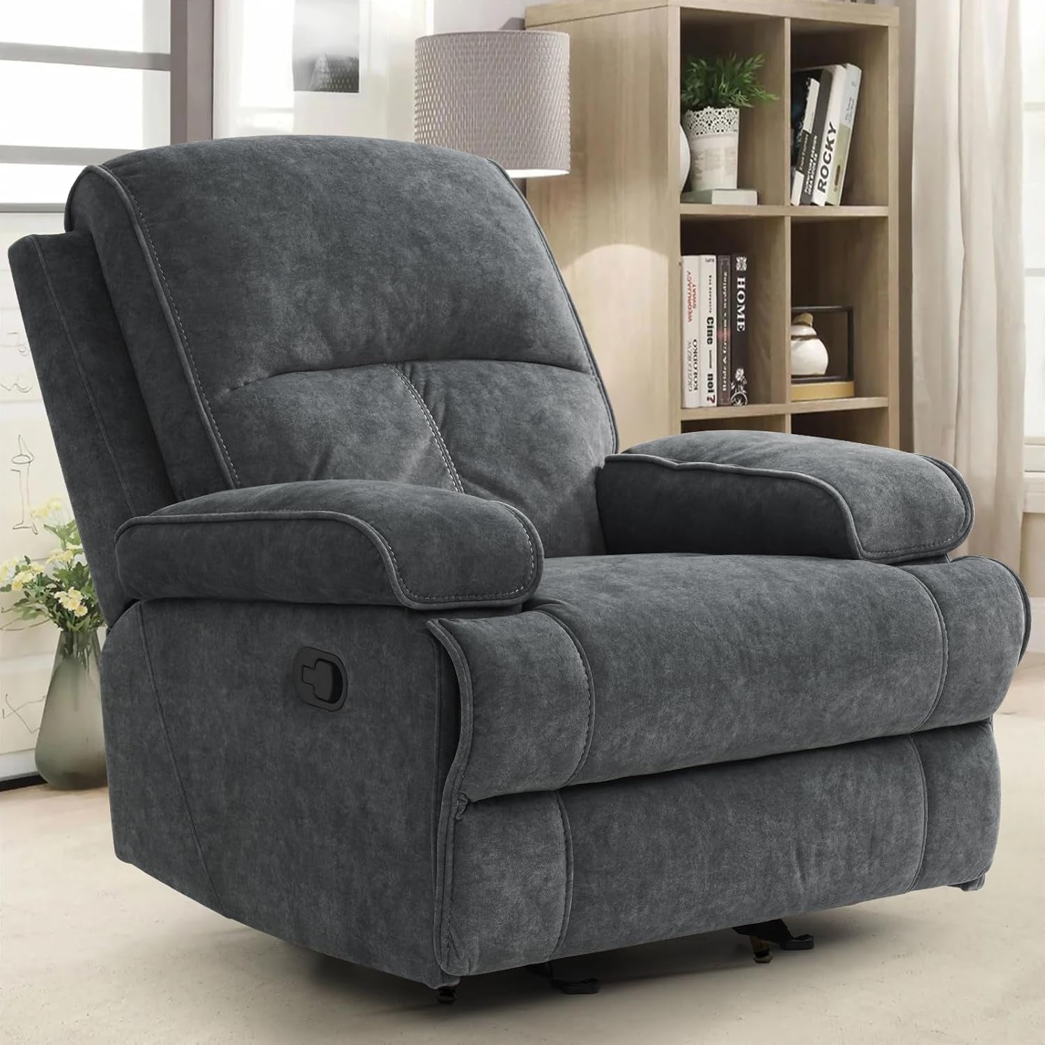 Rocker Recliner Chair for Adults, Manual Glider Chair for Nursery, Reclining Single Sofa Chair for Living Room, Upholstered Fabric Armchair, High Back, Deep Seat, Dark Grey-0