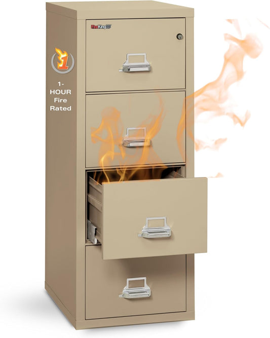 Vertical 4 Drawer Letter Fire Safe File Cabinet with Key Lock, 1 Hour Fire Rated, UL Rated & Water Resistant Home Safe, Made in the USA, Parchment-0