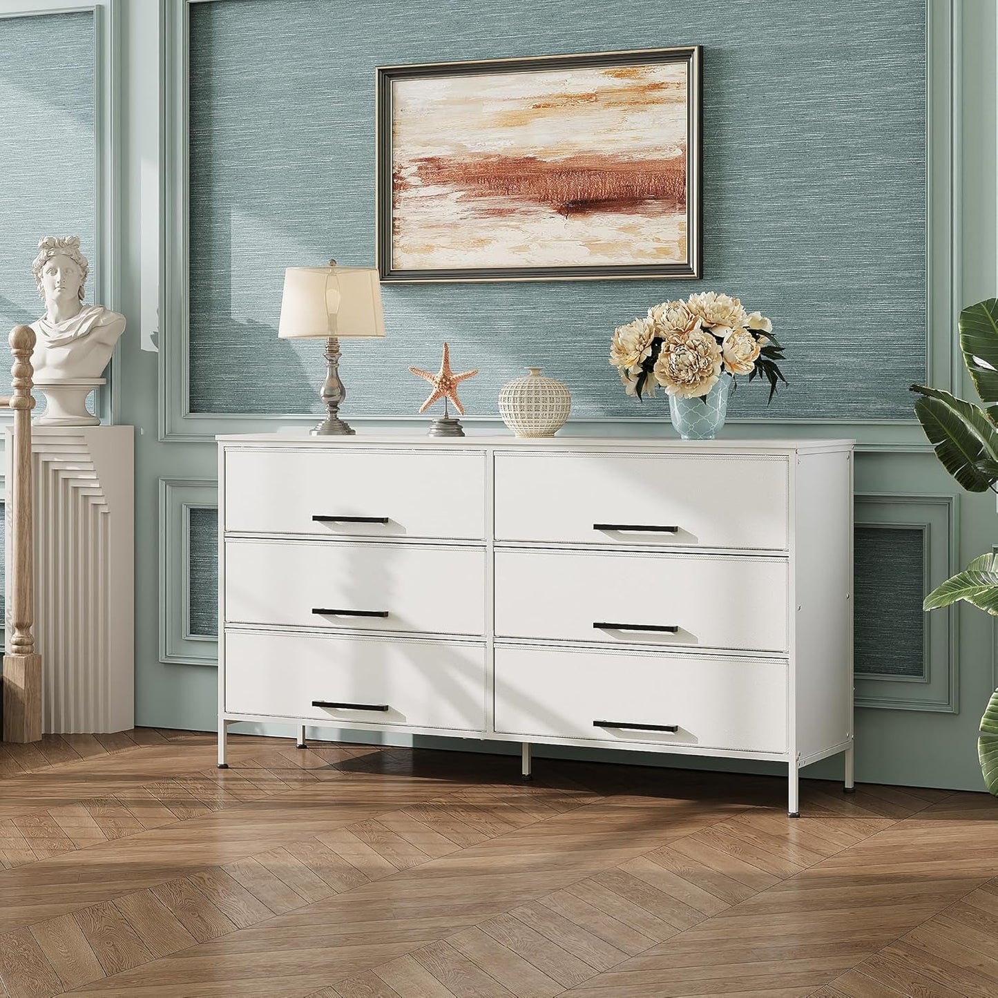 Wide Fabric Dresser, 6 Drawer Dresser TV Stand for 68" TV, Dressers Bedroom Furniture Large Storage Tower Unit with Fabric Bins, White Dresser for Bedroom, Closet, Hallway, White-3