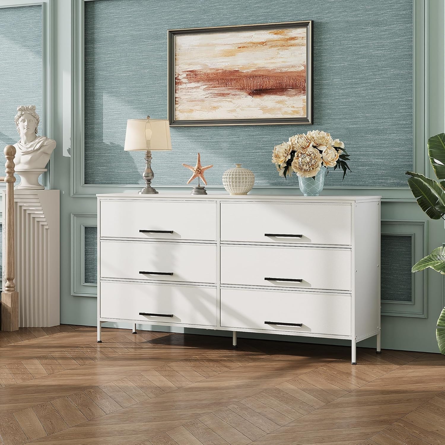 Wide Fabric Dresser, 6 Drawer Dresser TV Stand for 68" TV, Dressers Bedroom Furniture Large Storage Tower Unit with Fabric Bins, White Dresser for Bedroom, Closet, Hallway, White-3