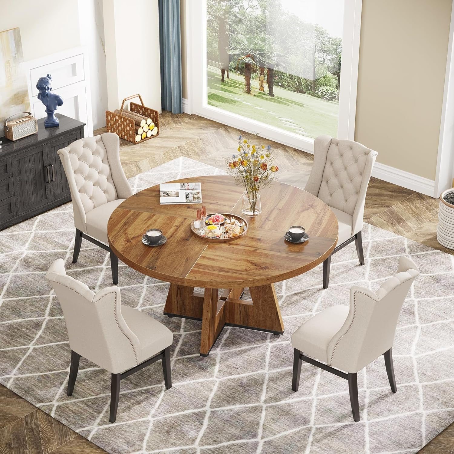 Farmhouse Dining Table, 47 Inch round Dinner Table for 4, Rustic round Dining Room Table for Home Dining Room Living Room (Wood)-4