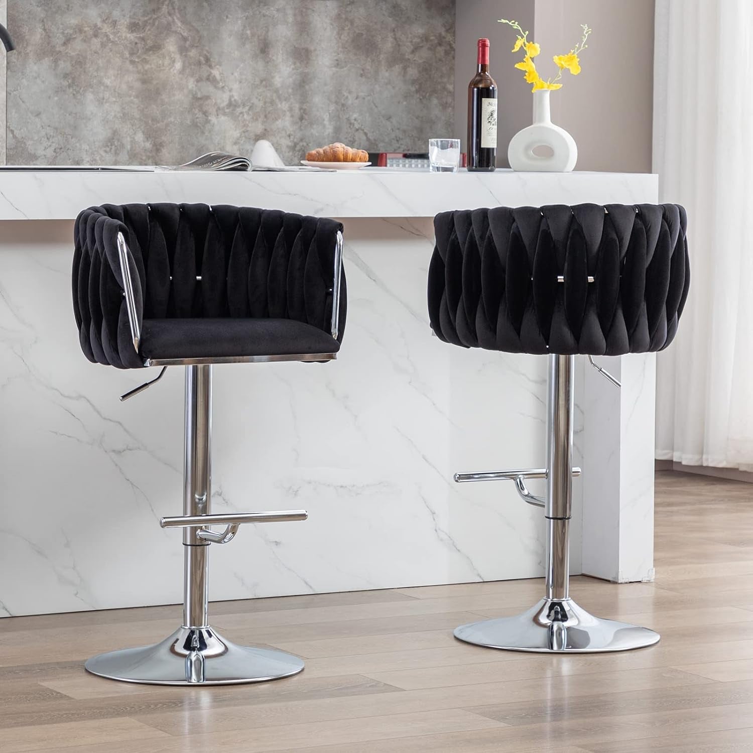 Modern Swivel Bar Stools Set of 2, Velvet Adjustable Height Barstool with Barrel Back Kitchen Island Counter Bar Chair with Chrome Base, Black-2