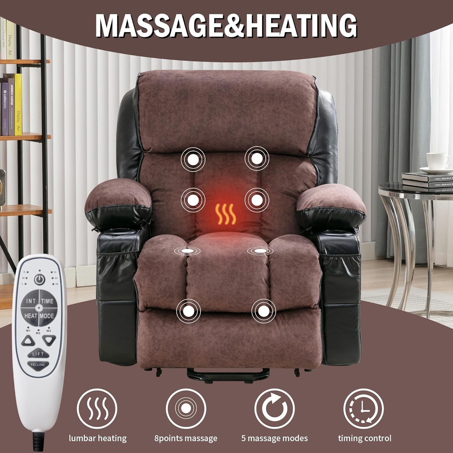 XL23 Power Lift Recliner with Massage & Heat - Large Electric Chair for Elderly with USB Port, Cup Holders, Side Pockets - Living Room Bedroom Sofa(Black and Brown)-2