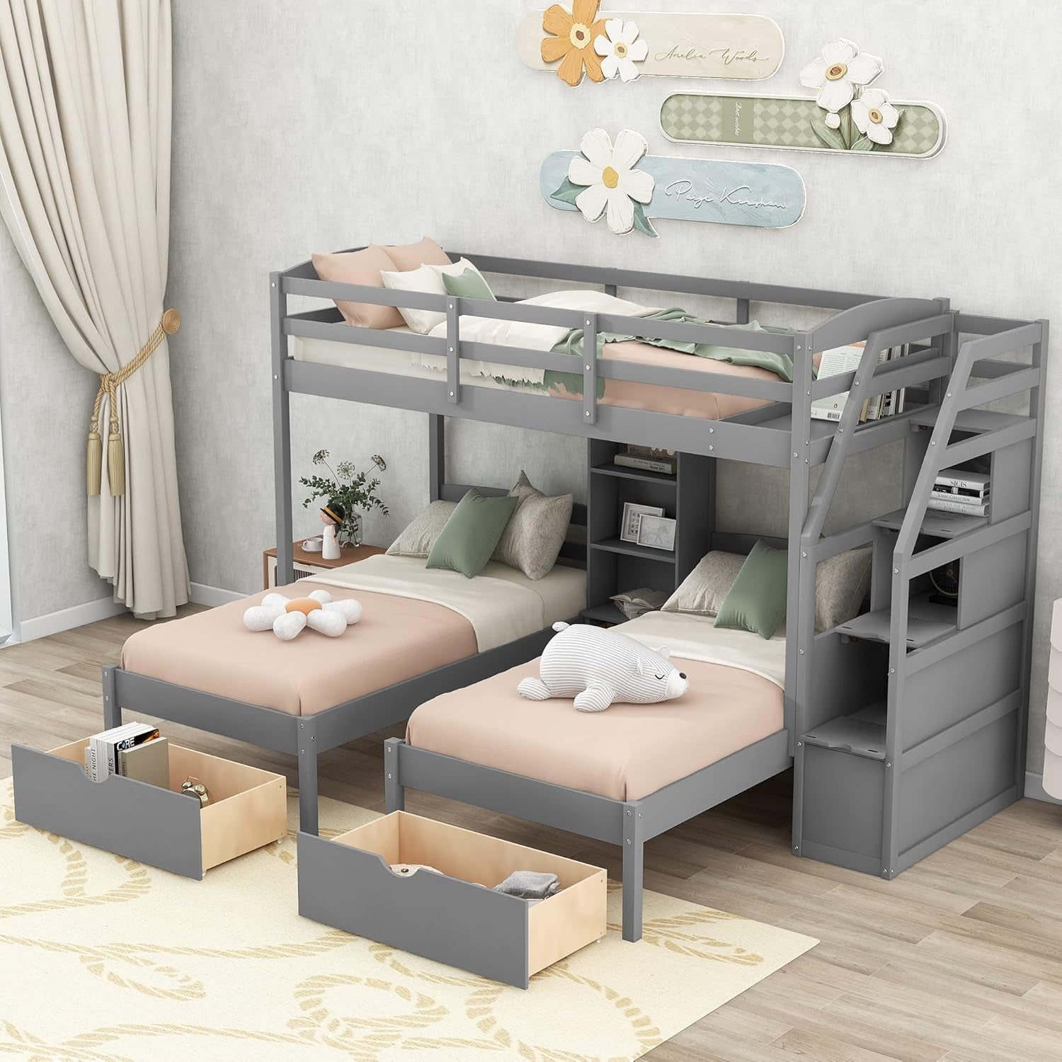 Woodentriple Bunk Beds with Stairs & Storage Drawers,Twin over Twin Bunk Bed for 3 Kids,3 Bunk Beds Frame with Built-In Shelves for Kids,Teens,Adults,No Box Spring Needed,Gray-2