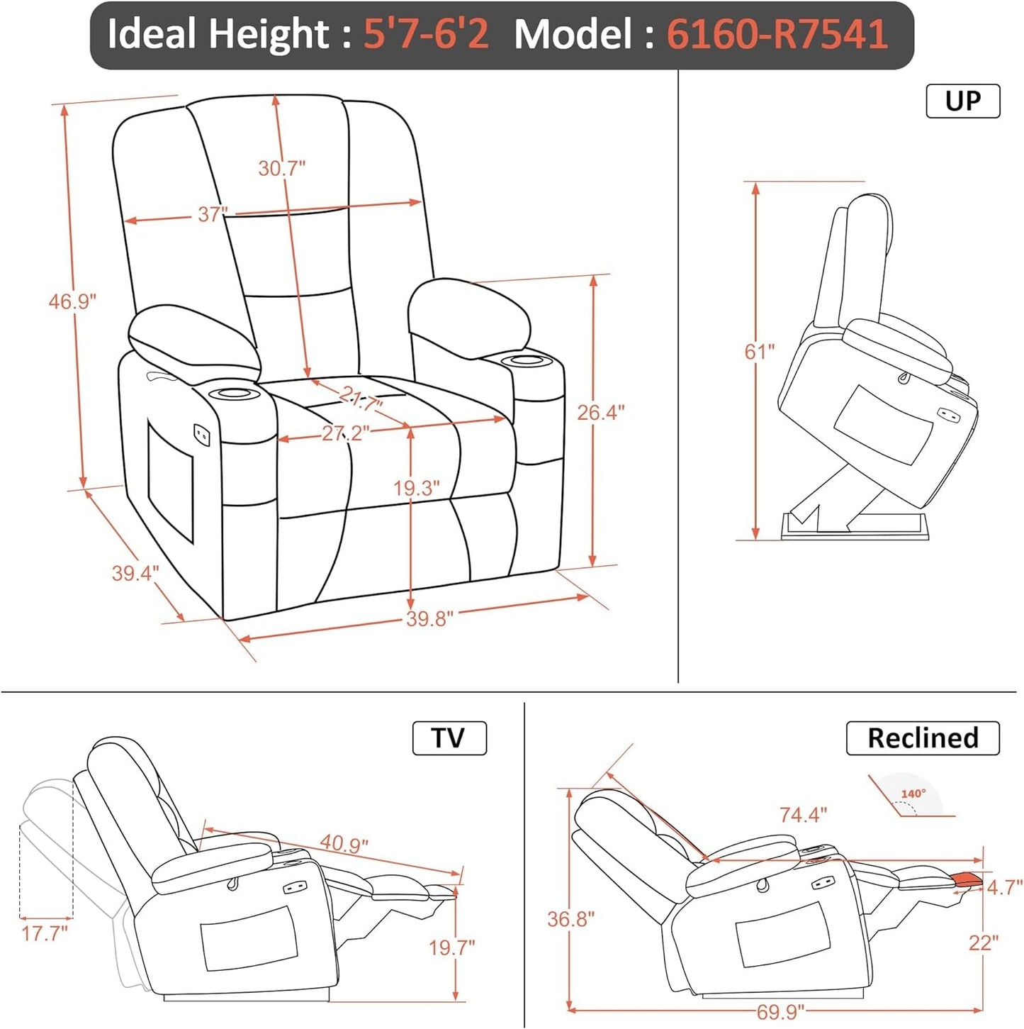 Large Power Lift Recliner Chair with Massage and Heat for Big and Tall Elderly People, Cup Holders, USB Ports, Side Pockets, Faux Leather R7541 (Beige, Large-Wide)-2