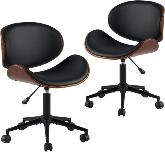 Home Office Chair Set of 2, PU Leather Desk Chair, Modern Swivel Chair with Curved Back, Armless Desk Chair with Wheels for Home Office, Black-0