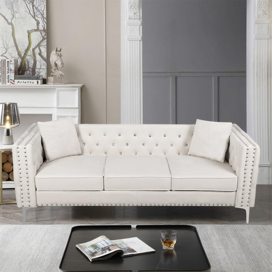 Velvet Upholstered Three-Seater Sofa, 82.3'' Wide Beige Velvet 3-Seat Sofa with Jeweled Buttons, Square Arm, Two Pillows Included for Living Room, Office-0