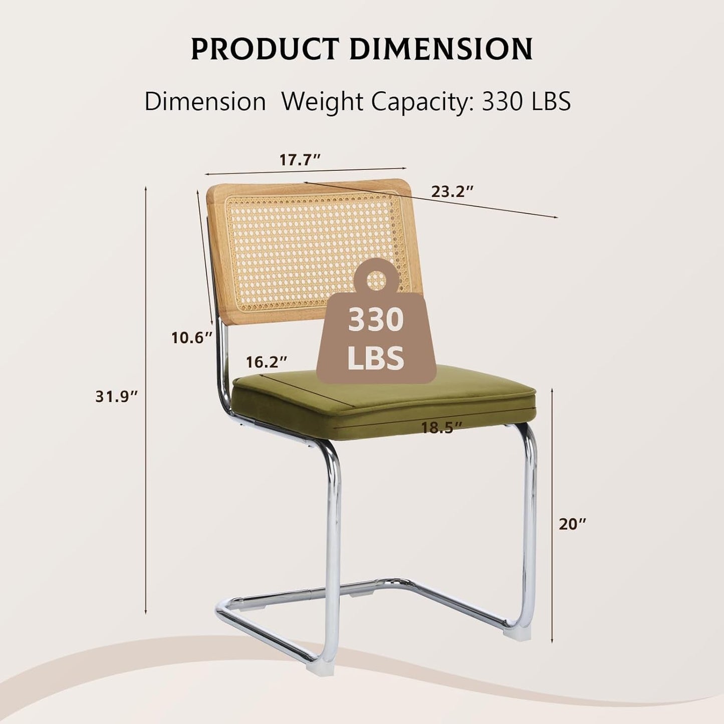 Rattan Dining Chairs Set of 2,Upholstered Mid-Century Modern Dining Room Chairs with Cane Backrest,Retro Velvet Kitchen Chairs with Stainless Chrome Base,Green-2