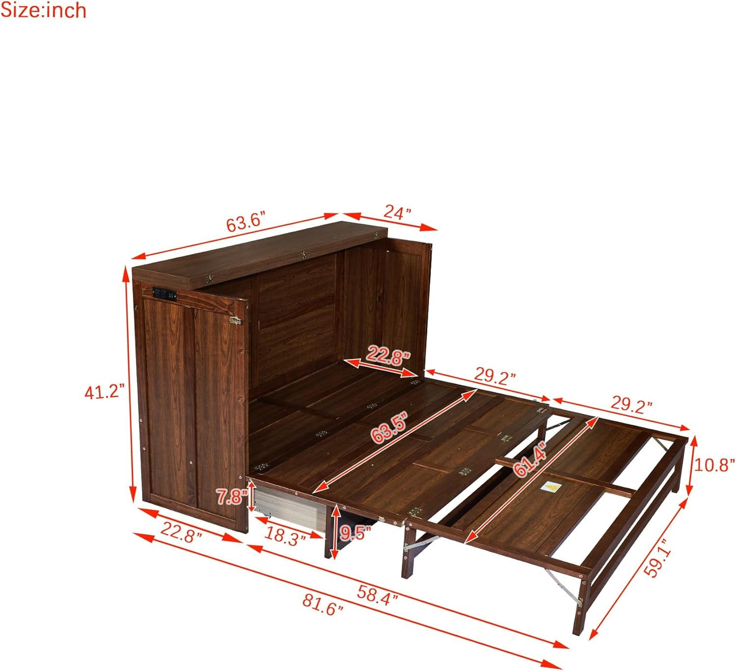 Walnut Queen Murphy Bed Cabinet USB Charging-2
