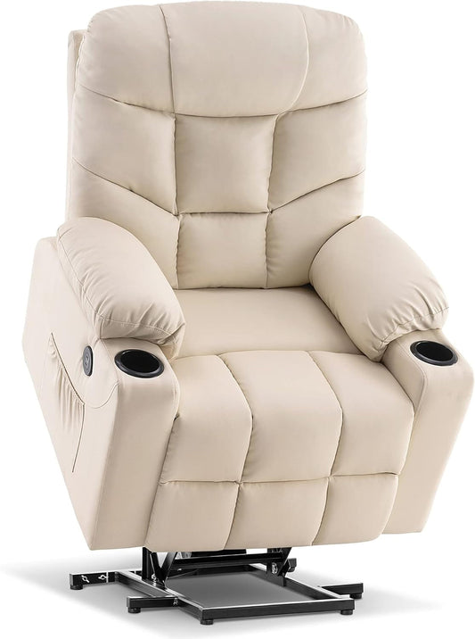Power Lift Recliner Chair, 2 Cup Holders, USB Ports for Elderly People, Faux Leather 7288 (Cream White, Medium-Regular)-0