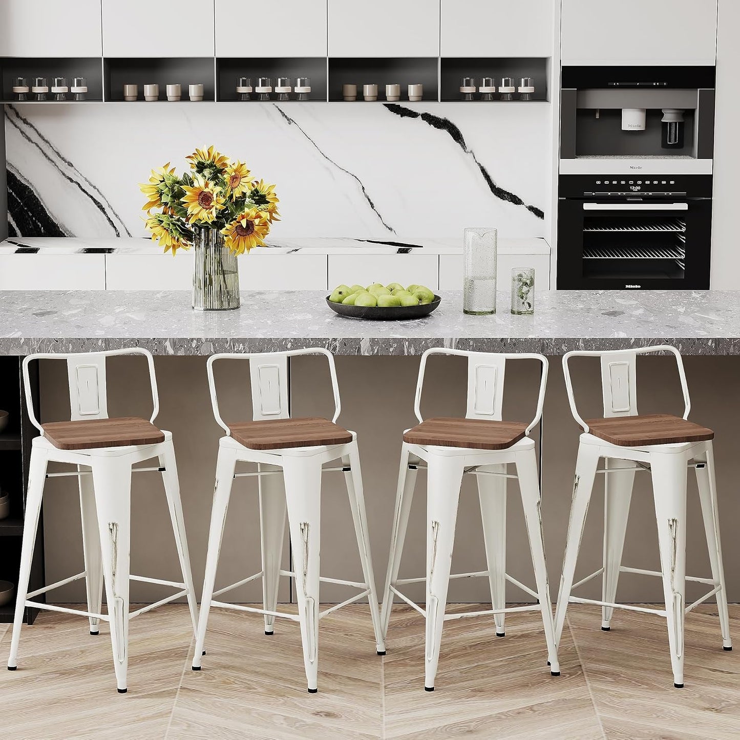 24" Swivel Metal Barstools Set of 4, Counter Height Bar Stools Industrial Bar Chairs with Modern Wooden Top-Low Back, Distressed White-0
