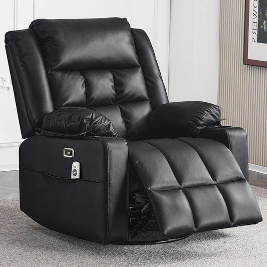 Power Swivel Rocker Recliner Chair for Adults with Massage and Heat, USB and Type-C Ports, Infinite Position, Electric Glider Reclining Single Sofa Chair for Living Room(Black)-0