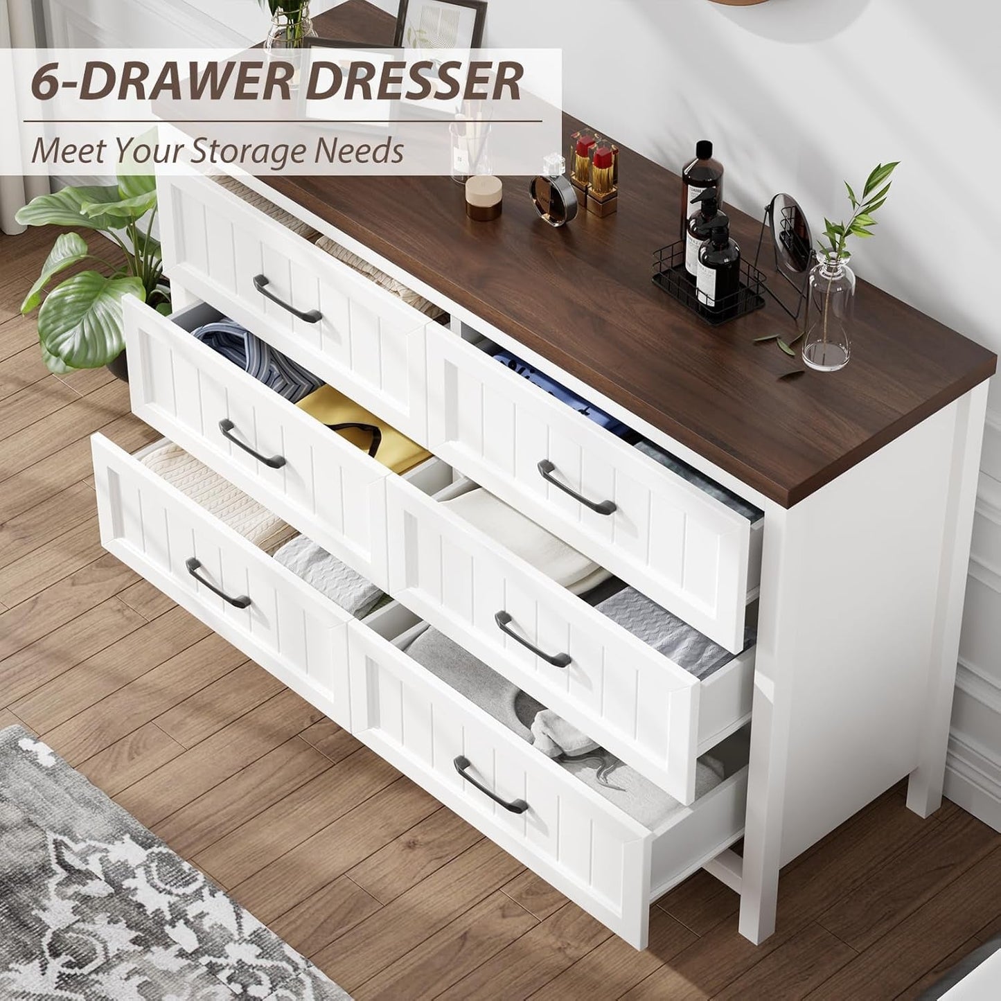 Farmhouse Dresser 6 Drawer Dresser for Bedroom, Large Wooden Dressers Double Grey Dresser with Deep Drawers Dressers for Hallway, Entryway (White and Brown)-3