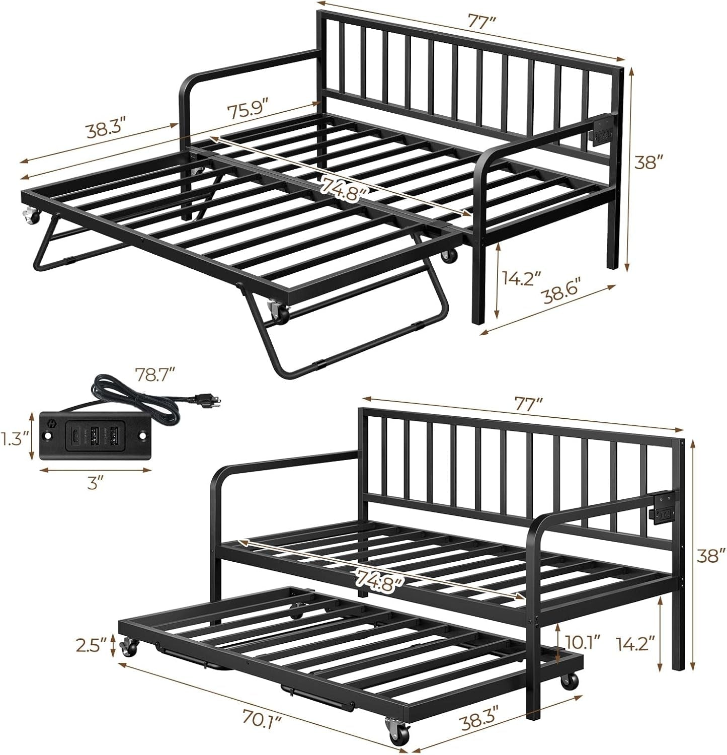 Daybed with Charging Station and LED Lights, Height Adjustable Twin Daybed with Trundle, Metal Sofa Bed Frame with Steel Slat Support for Living Room, Bedroom and Guest Room, Black-1