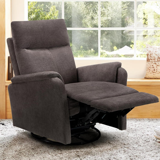 Swivel Rocking Recliner Glider Chair, Upholstered Fabric Reclining Rocker Chair with Footrest for Living Room, Nursery, Bedroom, Ergonomic High Backrest, Wide Seat Cushion and Metal Base-Charcoal-0