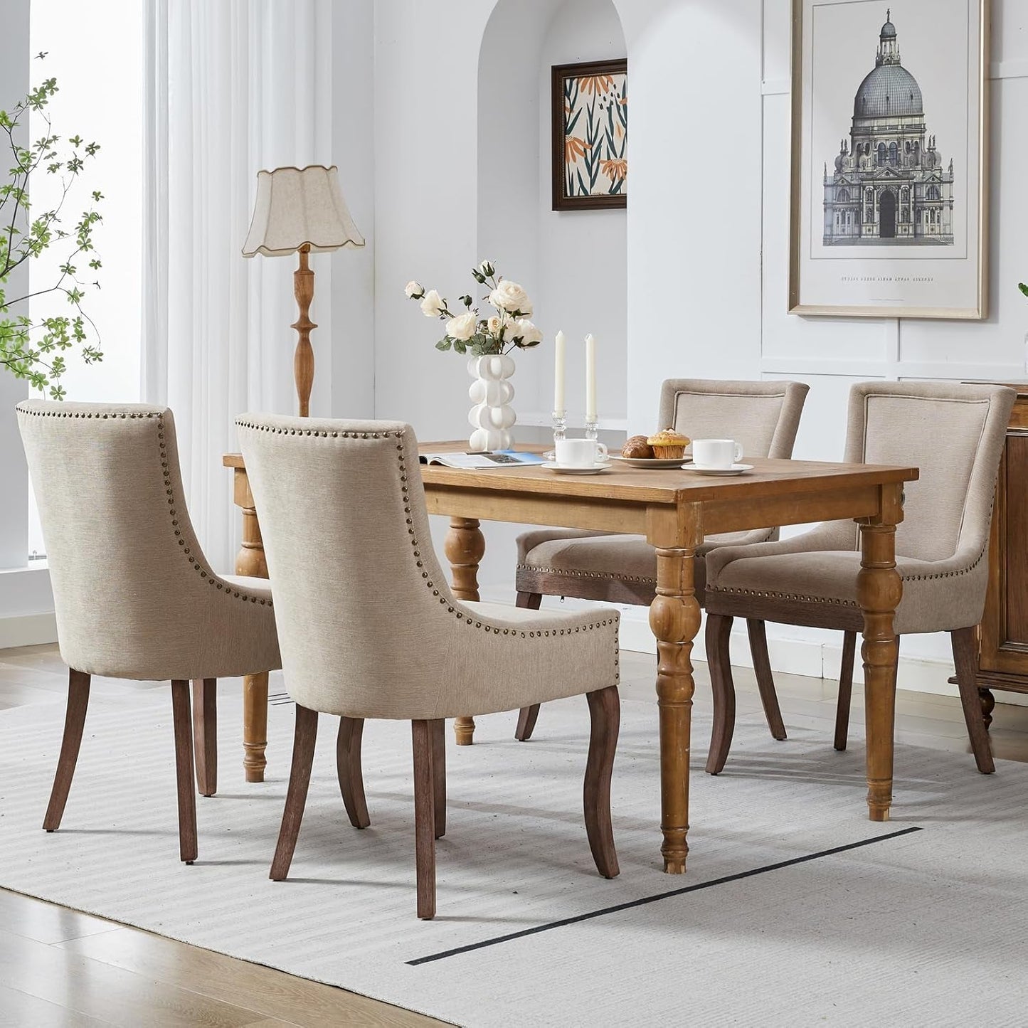 Modern Dining Chairs Set of 4, High Back Dining Chairs Side Chairs with Solid Wood Legs, Upholstered Fabric Dining Room Chairs for Dining Room Kitchen, Beige-1