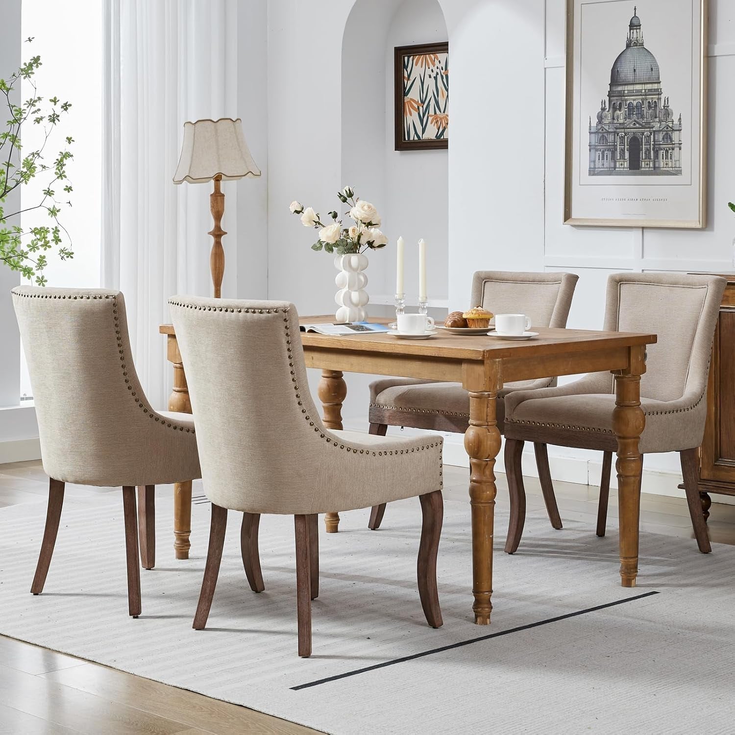 Modern Dining Chairs Set of 4, High Back Dining Chairs Side Chairs with Solid Wood Legs, Upholstered Fabric Dining Room Chairs for Dining Room Kitchen, Beige-1